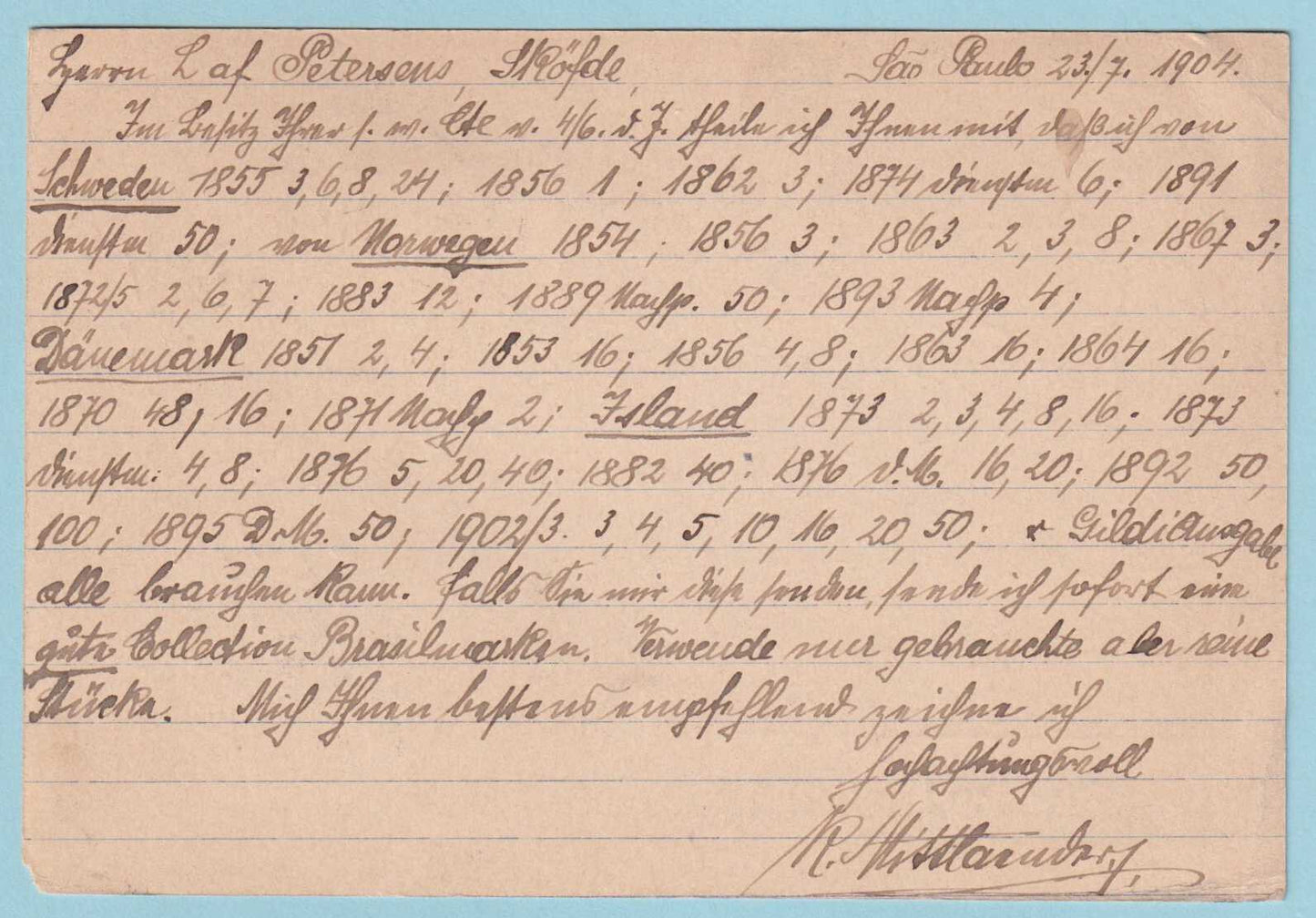 BRAZIL POSTAL STATIONARY POSTCARD USED - MAILED 1904 TO SHÖFDE SWEDEN - CR425