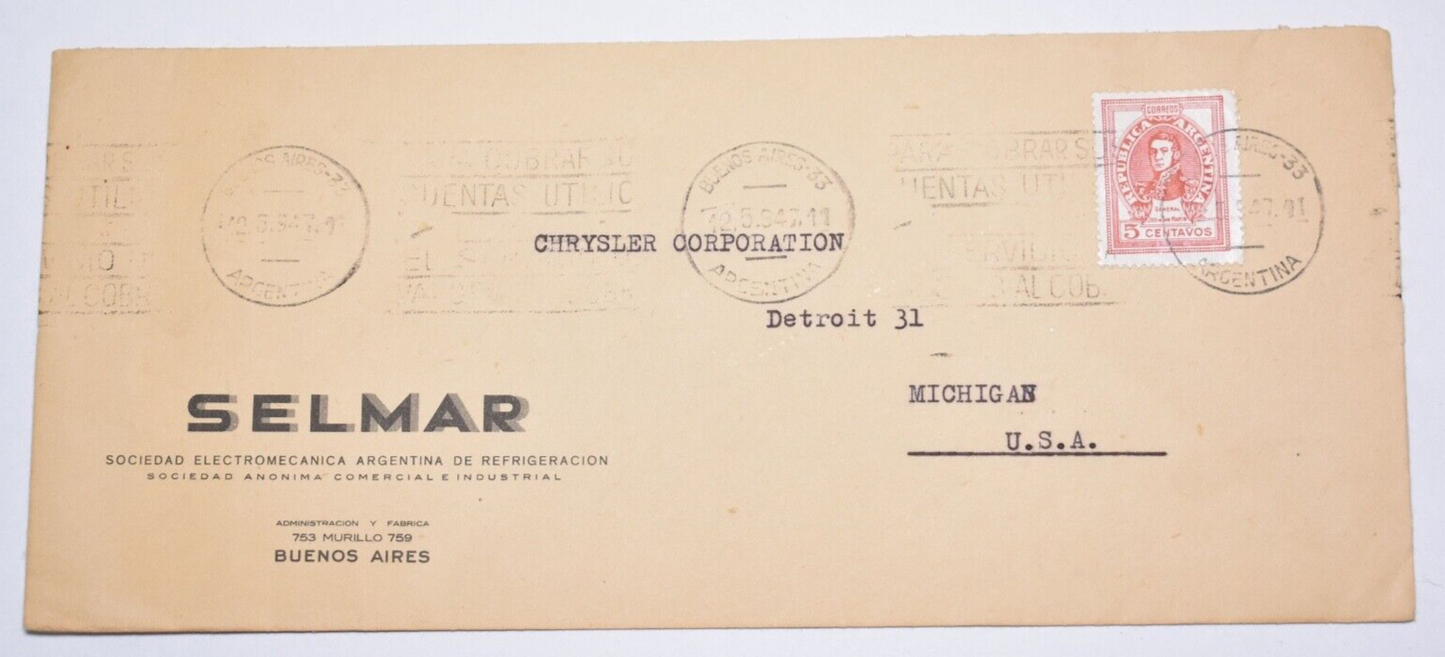 ARGENTINA 1947 COMMERCIAL COVER TO CHRYSLER CORPORATION DETROIT MI