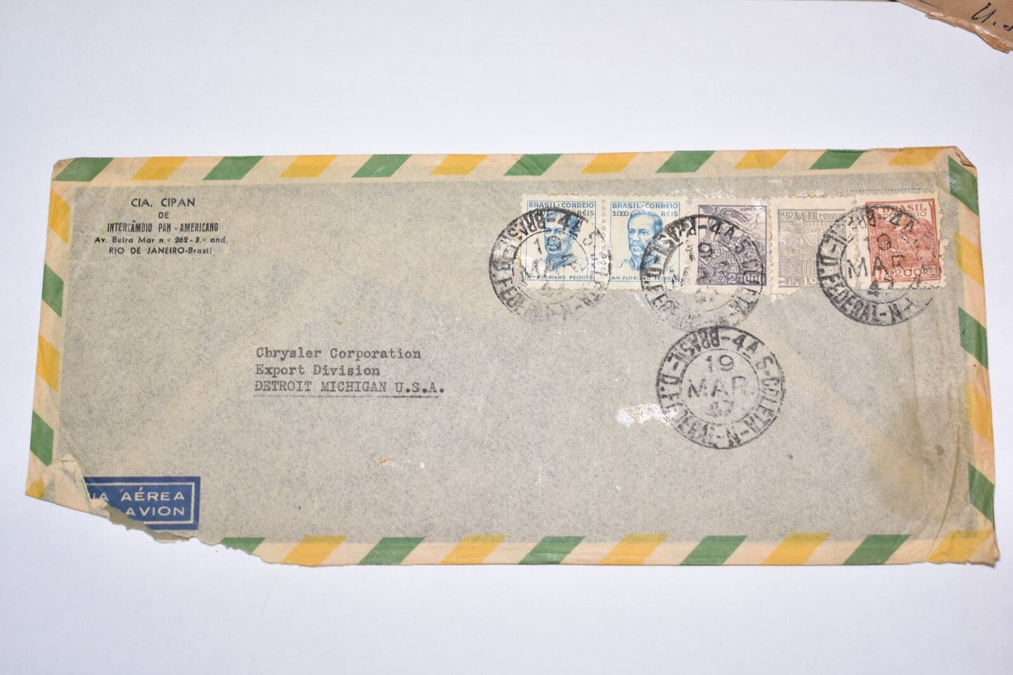 BRAZIL COMMERCIAL COVER 1947 AIRMAIL TO CHRYSLER CORPORATION
