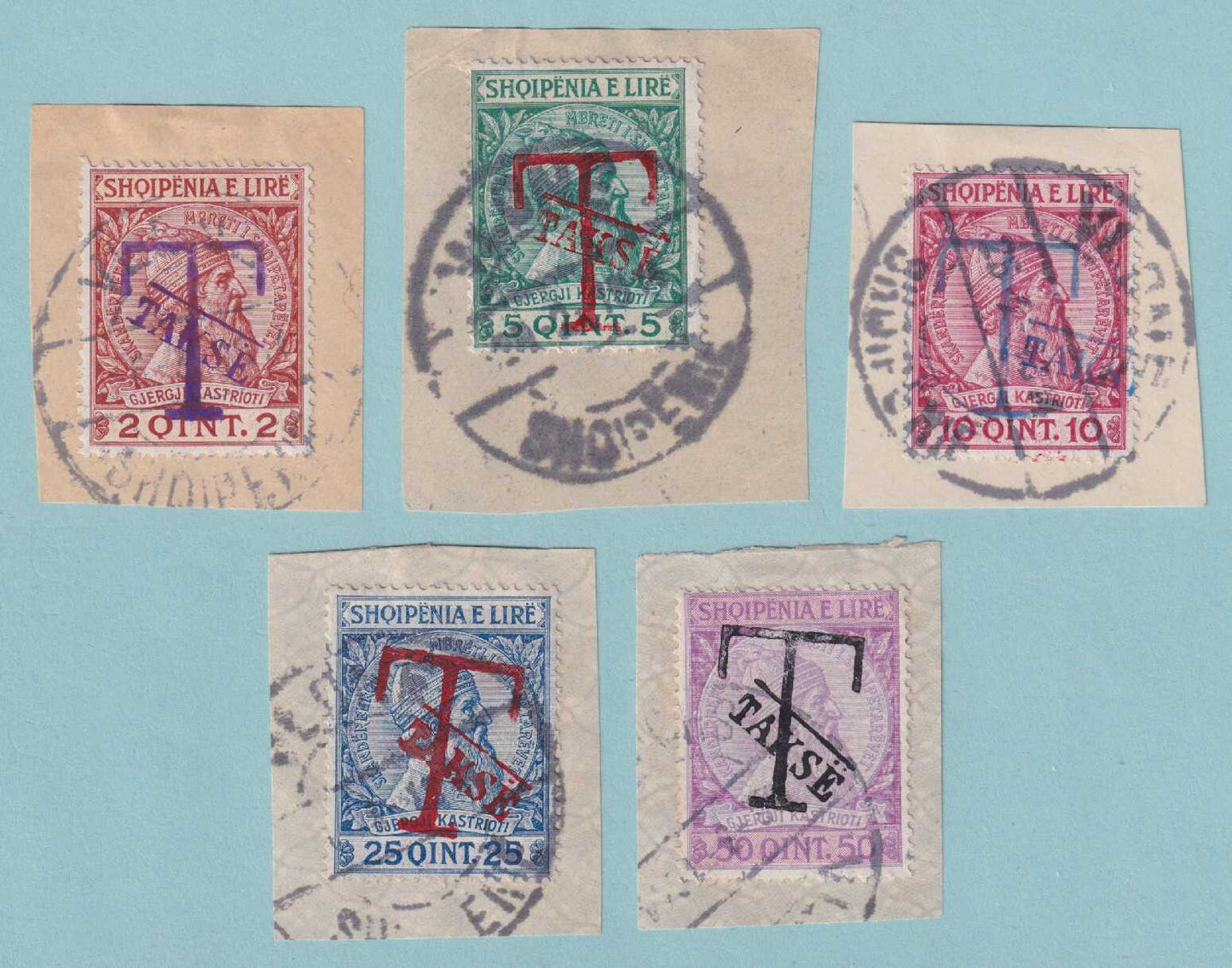 ALBANIA J1 - J5 POSTAGE DUES USED SET ON PIECE - NO FAULTS VERY FINE! - P645
