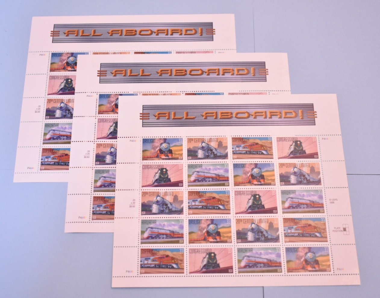 ALL ABOARD 3 DIFFERENT SHEETS STAMPS UNITED STATES TRAINS LOCOMOTIVE RAILROAD