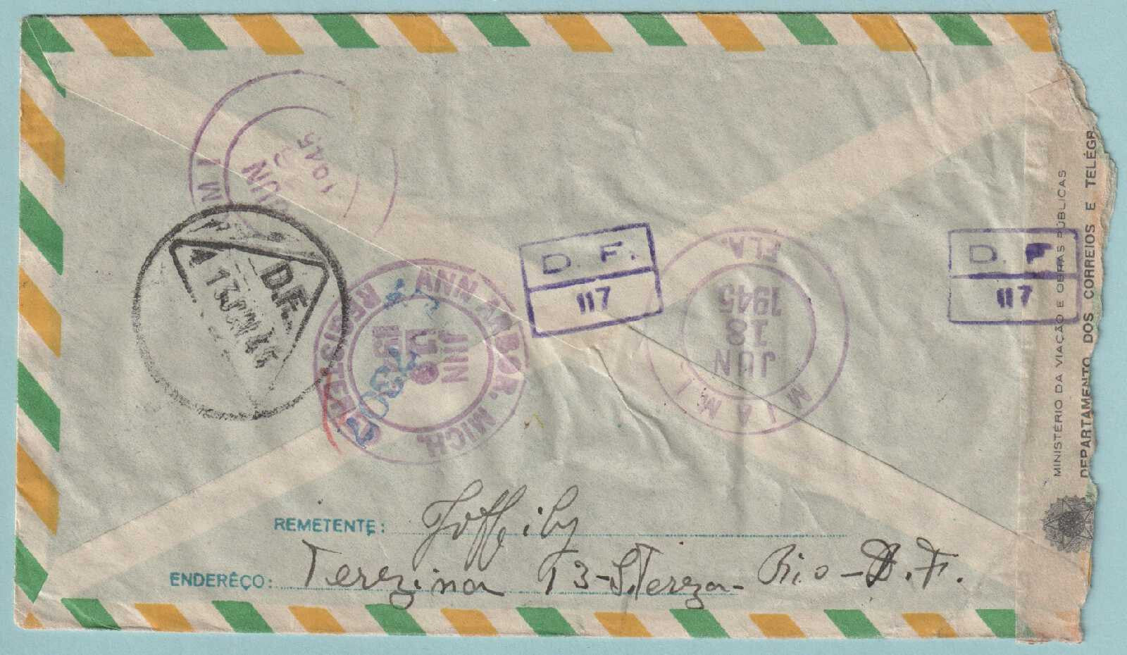 BRAZIL  1945 CENSORED AIRMAIL COVER FROM RIO TO ANN ARBOR MICH - CV726
