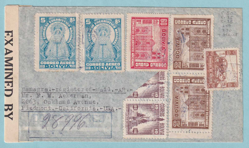 BOLIVIA 270 BISECT ON WWII REGISTERED SENSORED COVER TO OAKLAND CAL. - CV24