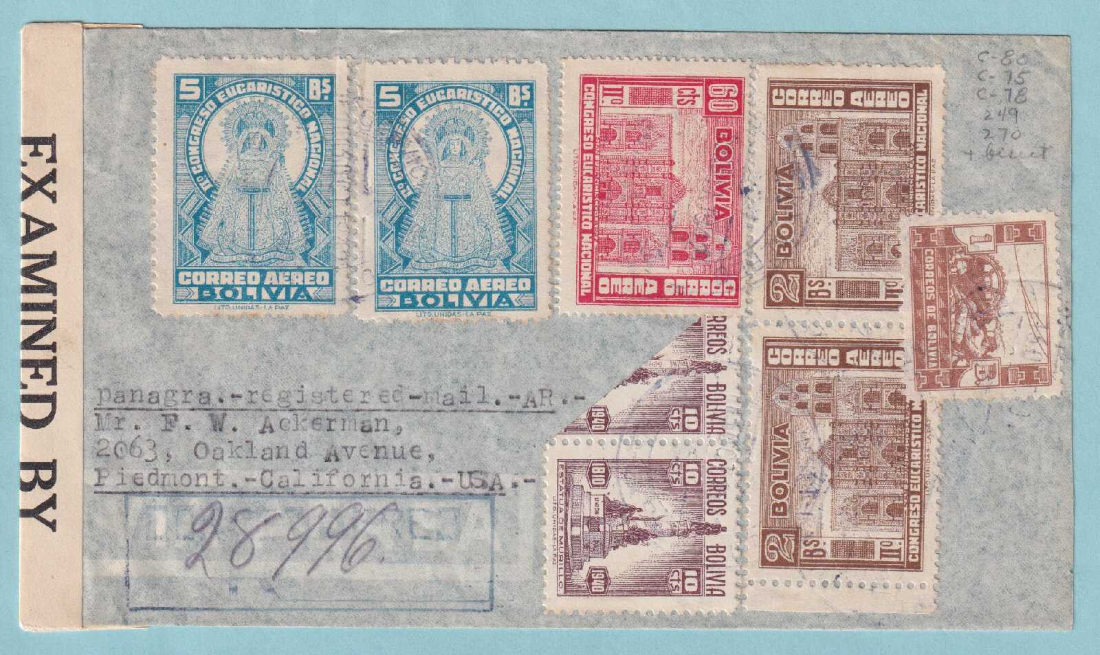BOLIVIA 270 BISECT ON WWII REGISTERED SENSORED COVER TO OAKLAND CAL. - CV24
