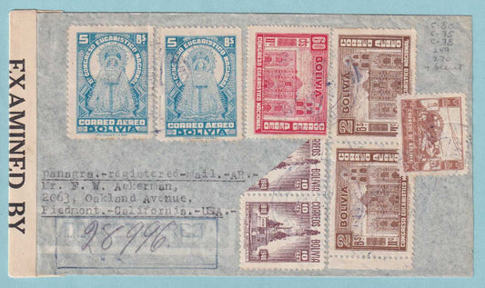 BOLIVIA 270 BISECT ON WWII REGISTERED SENSORED COVER TO OAKLAND CAL. - CV24