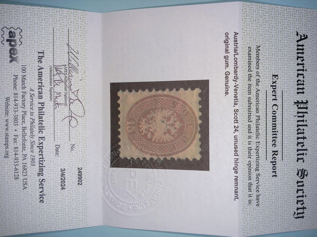 AUSTRIA - LOMBARDY-VENETIA 24  MINT HINGED OG*  NO FAULTS CV $900.00  APS CERT!