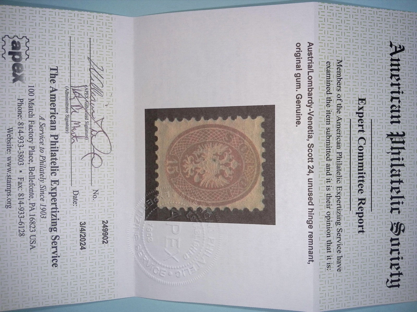 AUSTRIA - LOMBARDY-VENETIA 24  MINT HINGED OG*  NO FAULTS CV $900.00  APS CERT!