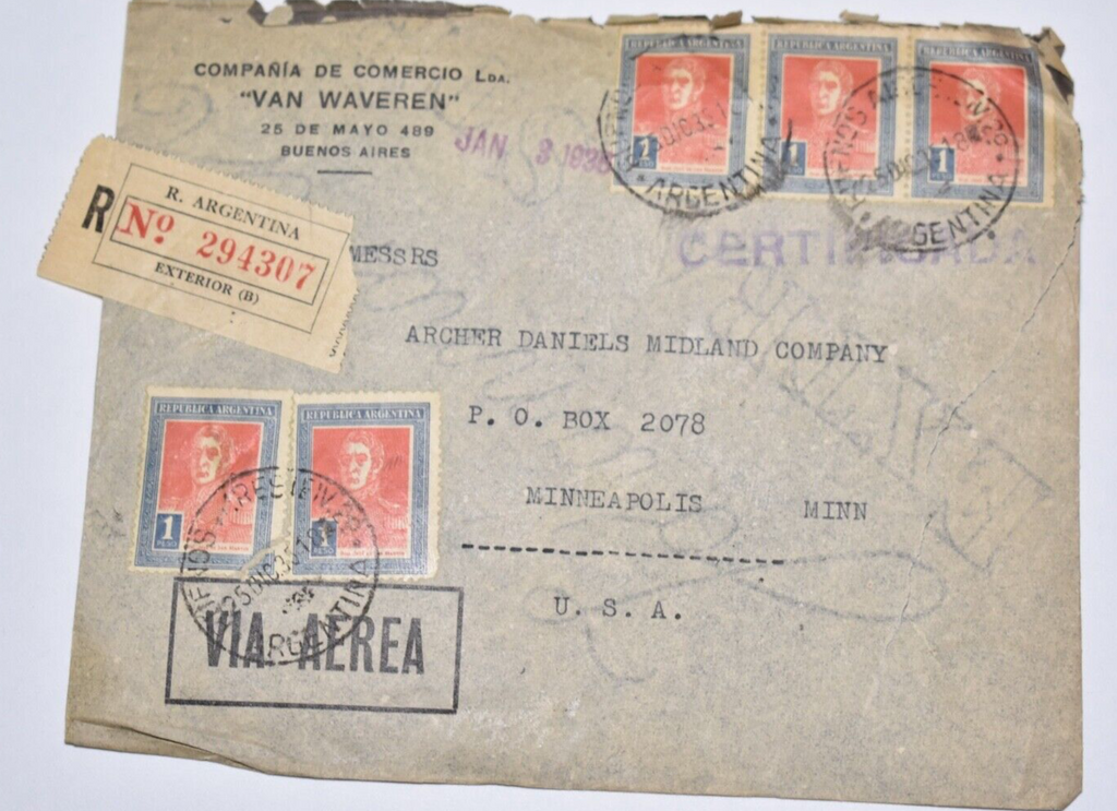 ARGENTINA 1935 REGISTERED COMMERCIAL COVER WWII OLD TO MINNEAPOLIS MN