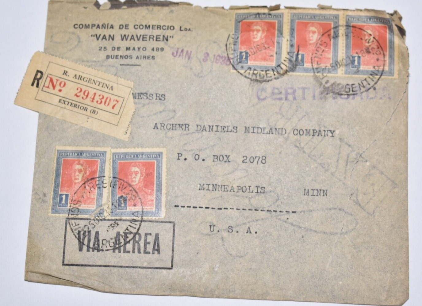 ARGENTINA 1935 REGISTERED COMMERCIAL COVER WWII OLD TO MINNEAPOLIS MN