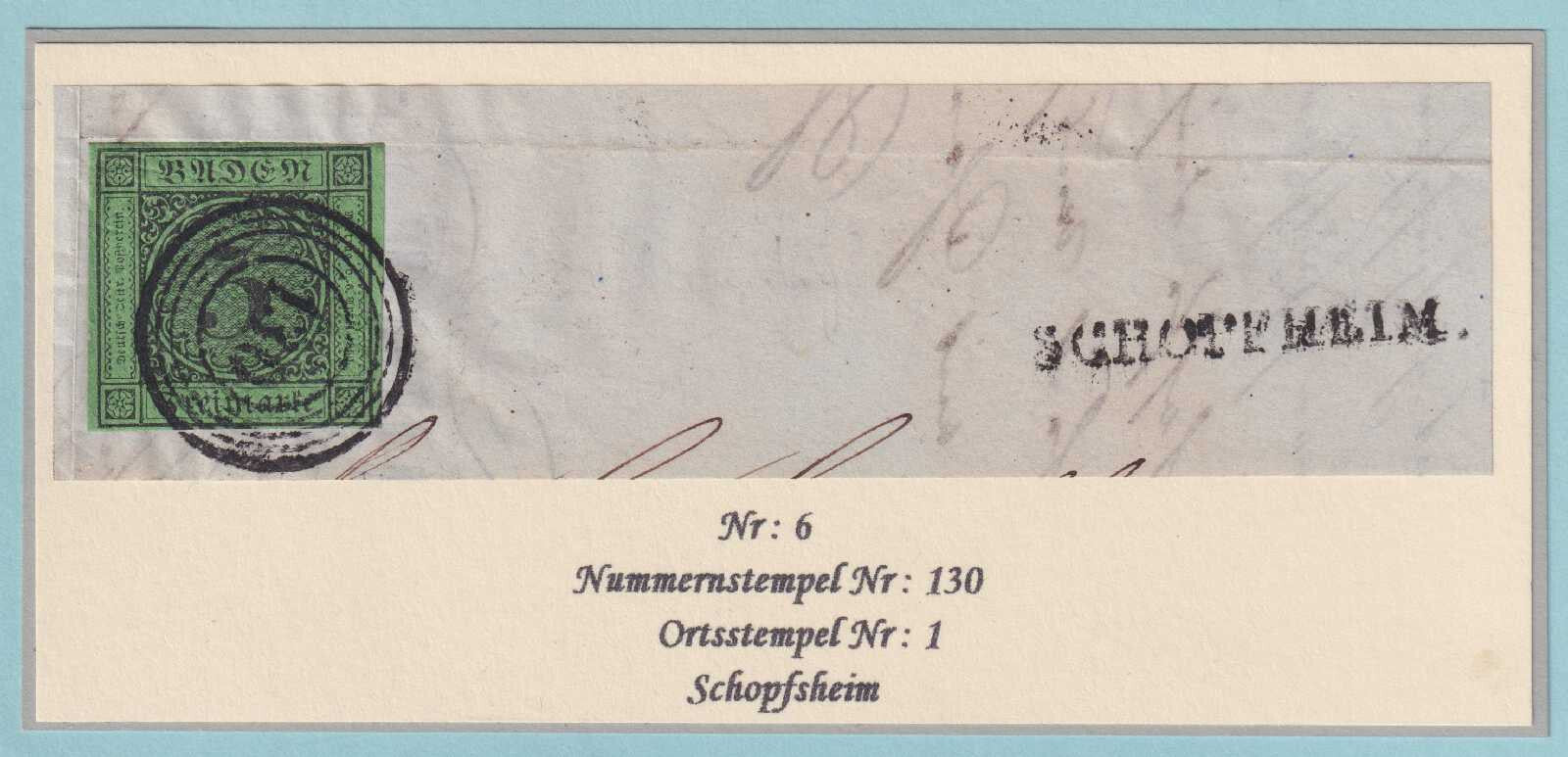 BADEN 7  USED ON PIECE- SCHOPFSHEIM 5-RING #130 CANCEL - NO FAULTS VERY FINE!