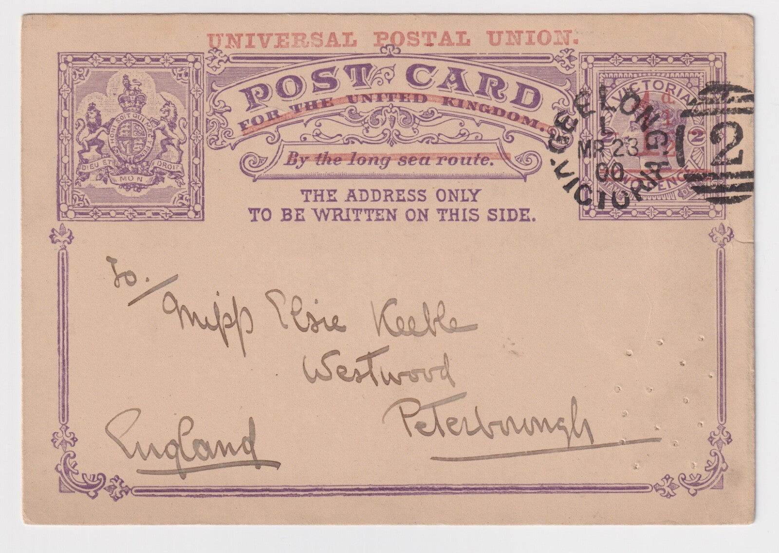 AUSTRALIA VICTORIA UPU CARD 1900 GEELONG TO ENGLAND SON CANCELS B037