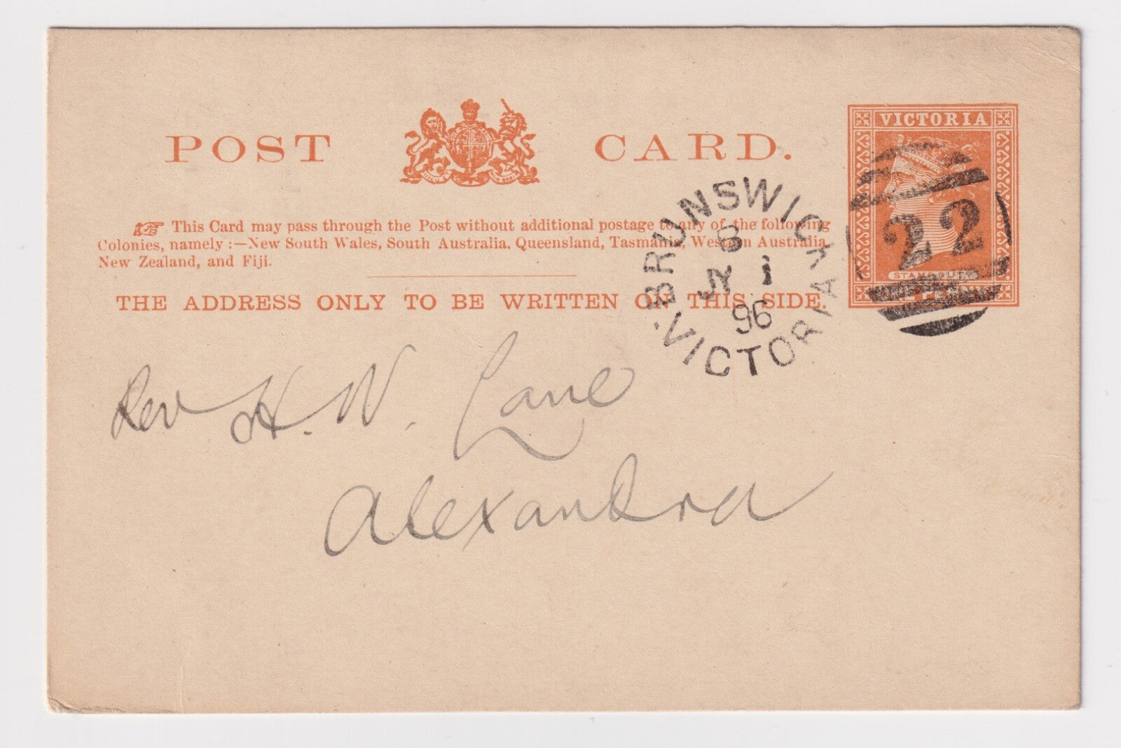 AUSTRALIA  VICTORIA BRUNSWICK SON POSTCARD 1896! B39