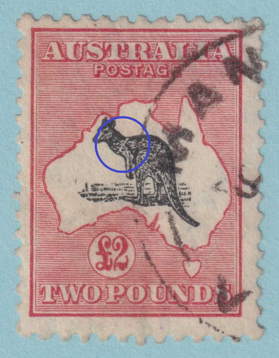 AUSTRALIA 129  USED - PLATE FLAW ON KANGAROO NECK - VERY FINE! - JET