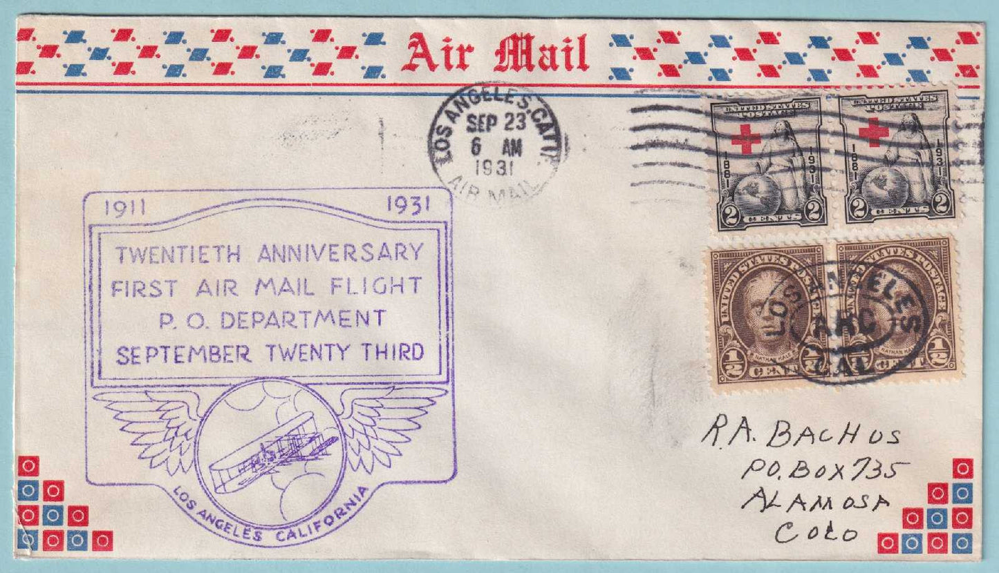 20TH ANNIVERSARY OF FIRST AIR MAIL FLIGHT COVER - 1931 FROM LOS ANGELES - CV095