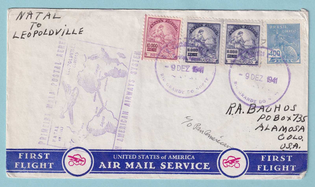BRAZIL 1941 FIRST FLIGHT COVER FROM NATAL BRAZIL TO LEOPOLDVILLE CONGO -CV302
