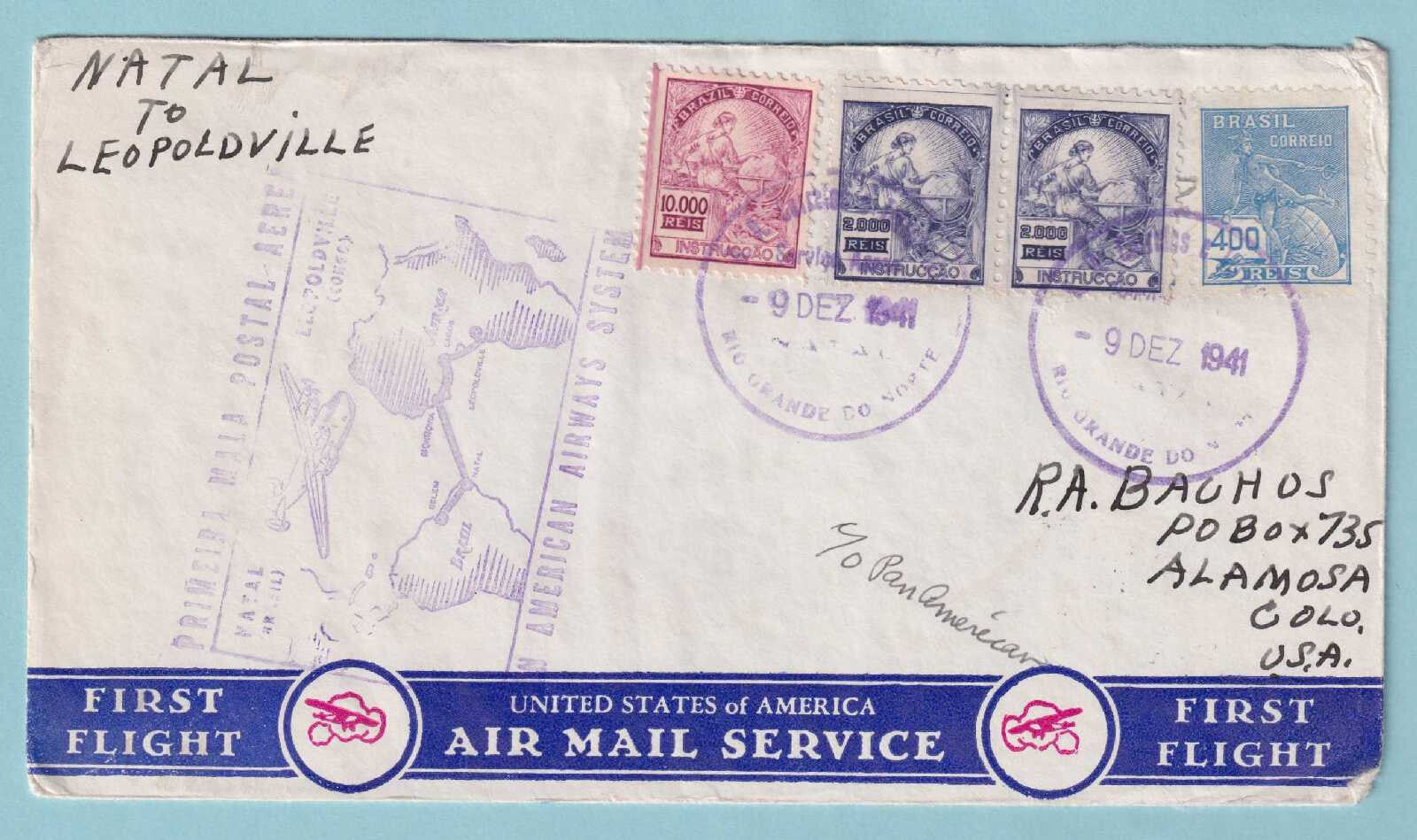 BRAZIL 1941 FIRST FLIGHT COVER FROM NATAL BRAZIL TO LEOPOLDVILLE CONGO -CV302