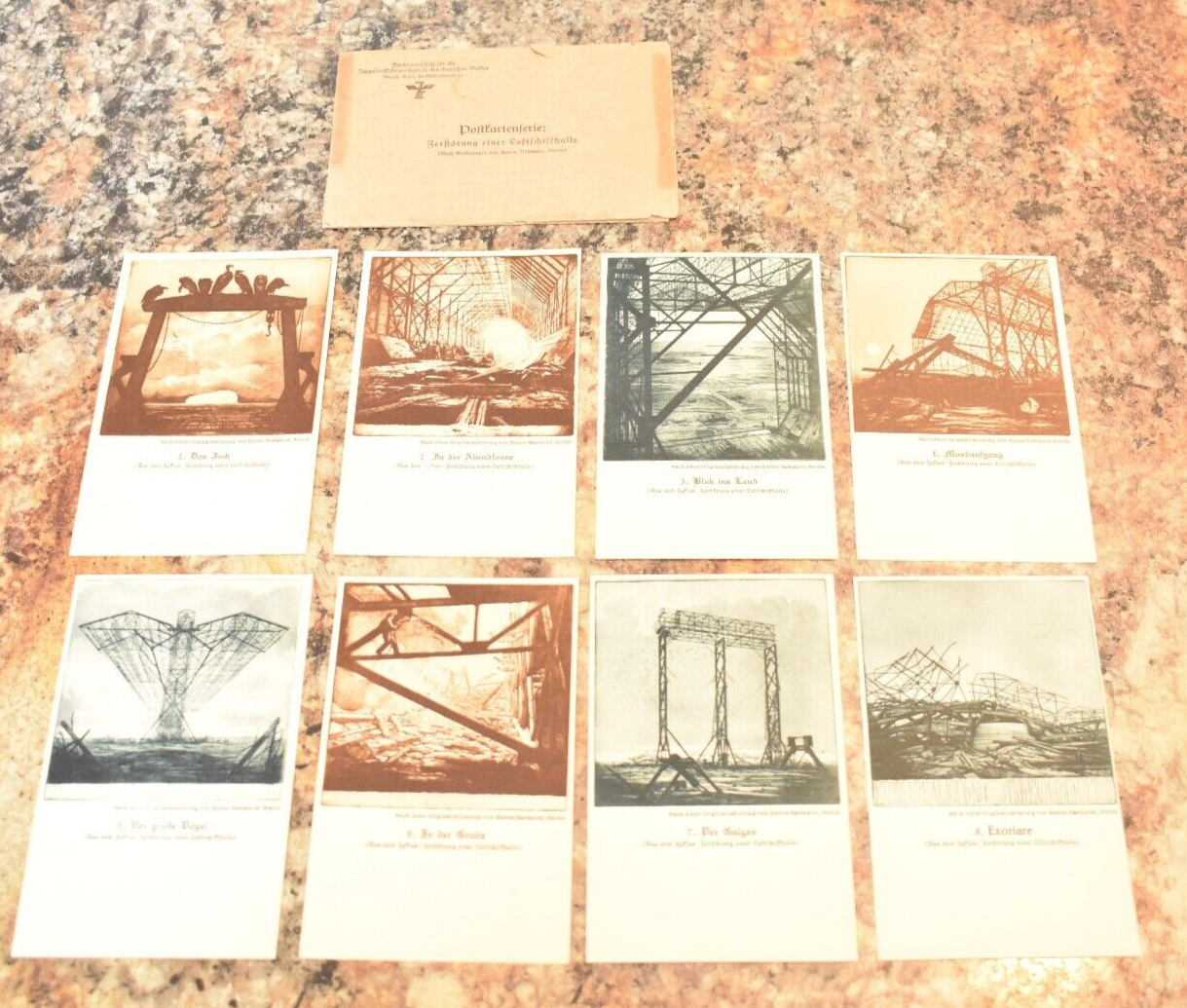 ARTIST CARDS 8 ZEPPELIN-ECKNER DONATION CARDS DESTRUCTION OF AIRSHIP HANGER RARE