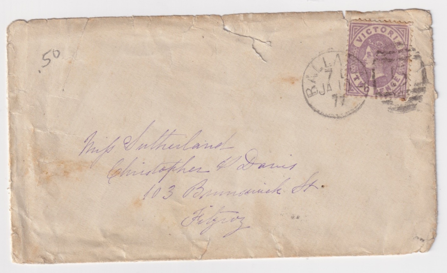 AUSTRALIA VICTORIA BALLARAT TO FITZROY 1877 COVER B025