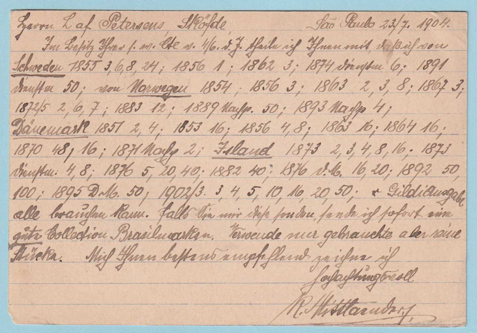 BRAZIL POSTAL STATIONARY POSTCARD USED - MAILED 1904 TO SHÖFDE SWEDEN - CR425