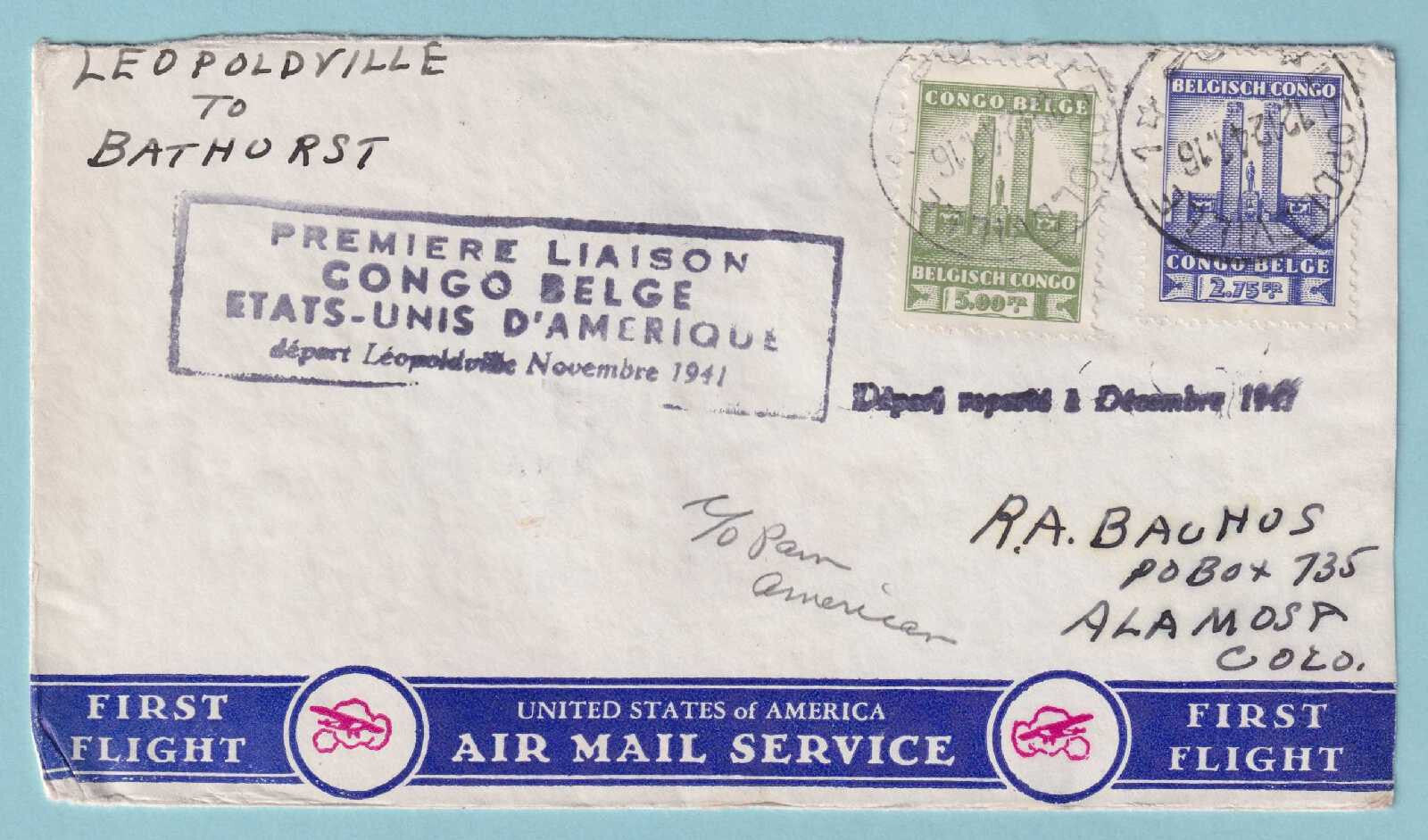 BELGIAN CONGO 1941 FIRST FLIGHT COVER LEOPOLDVILLE TO BATHURST GAMBIA - CV311