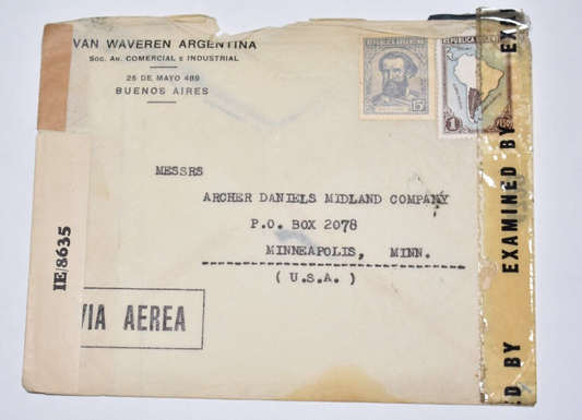 ARGENTINA CENSOR AIRMAIL COMMERCIAL COVER WWII OLD TO MINNEAPOLIS MN