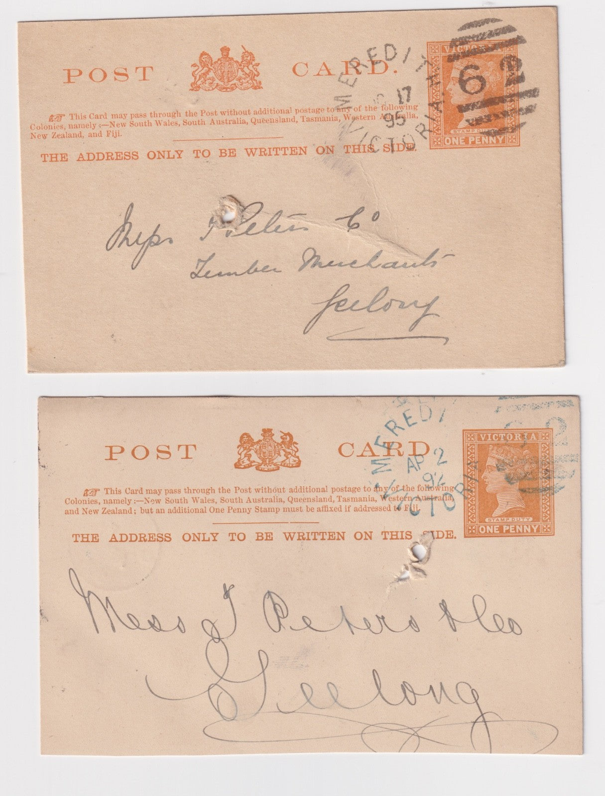 AUSTRALIA VICTORIA  MEREDITH POSTMARKS  SON CANCEL B216