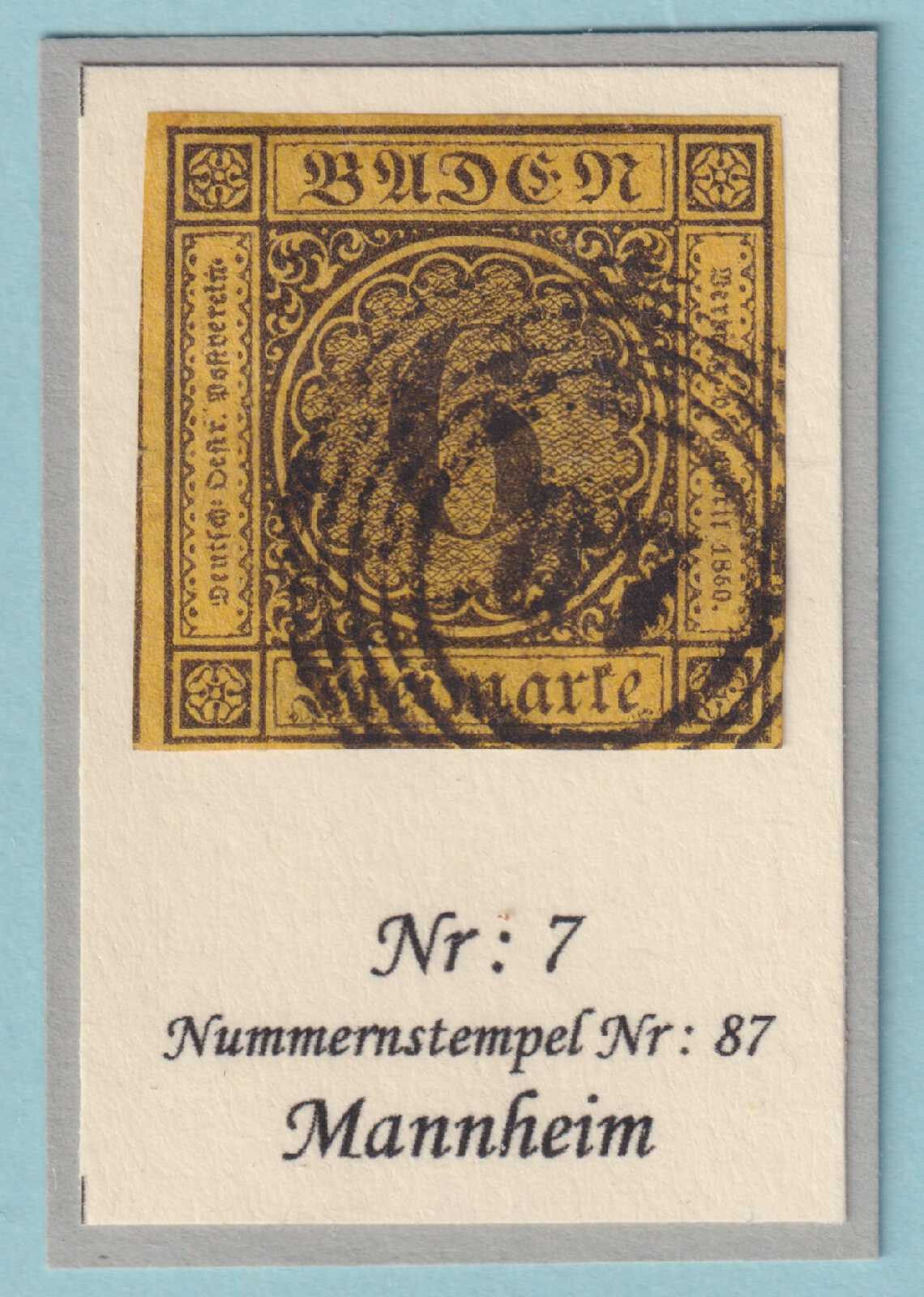 BADEN 9  USED - MANNHEIM 5-RING #87 CANCEL - TINY TEAR BOTTOM EDGE - RFB