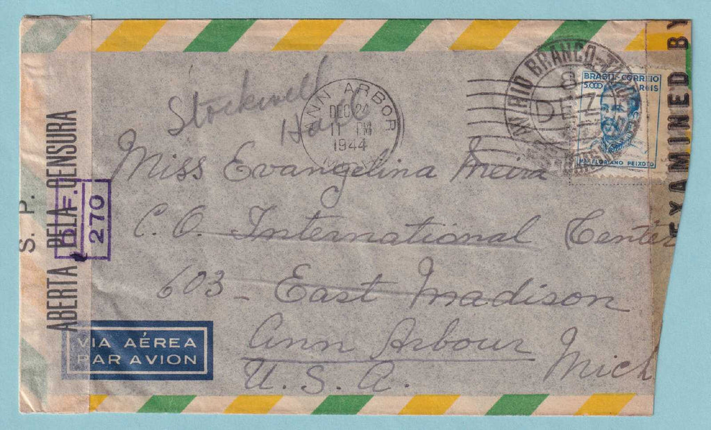 BRAZIL - 1944 SENSORED COVER TO ANN ARBOR MICHIGAN - CV010