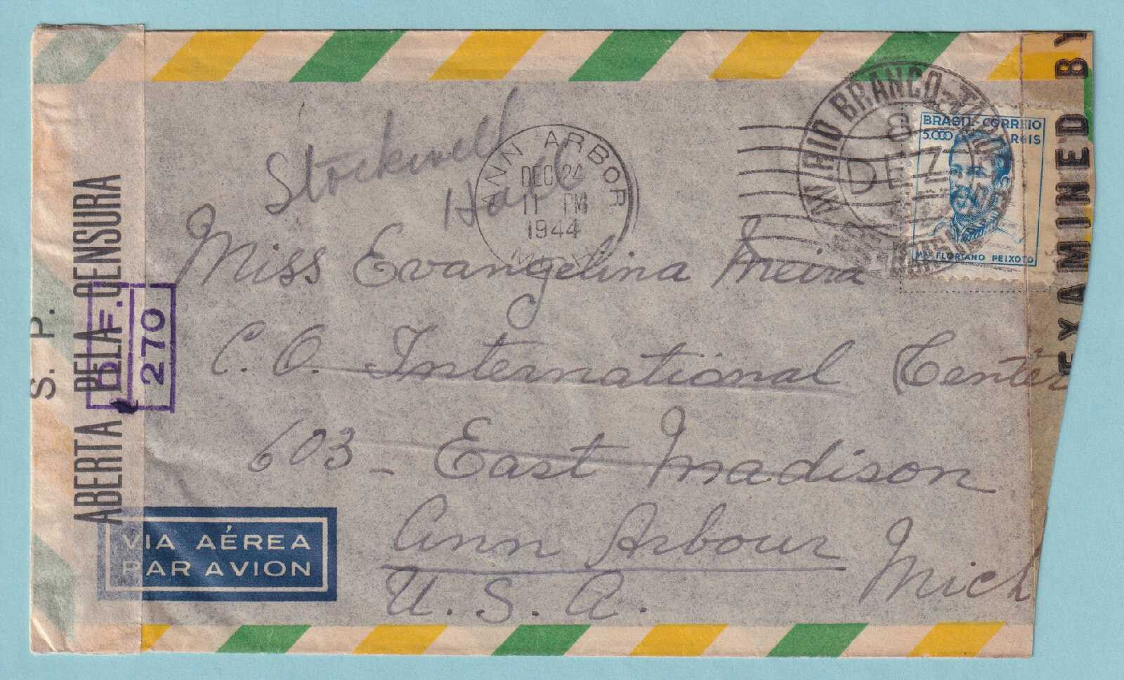 BRAZIL - 1944 SENSORED COVER TO ANN ARBOR MICHIGAN - CV010