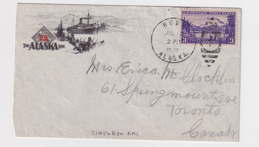 ALASKA LINE STEAMSHIP ADVERTISING COVER RUBY ALASKA CANCEL 1938  B190