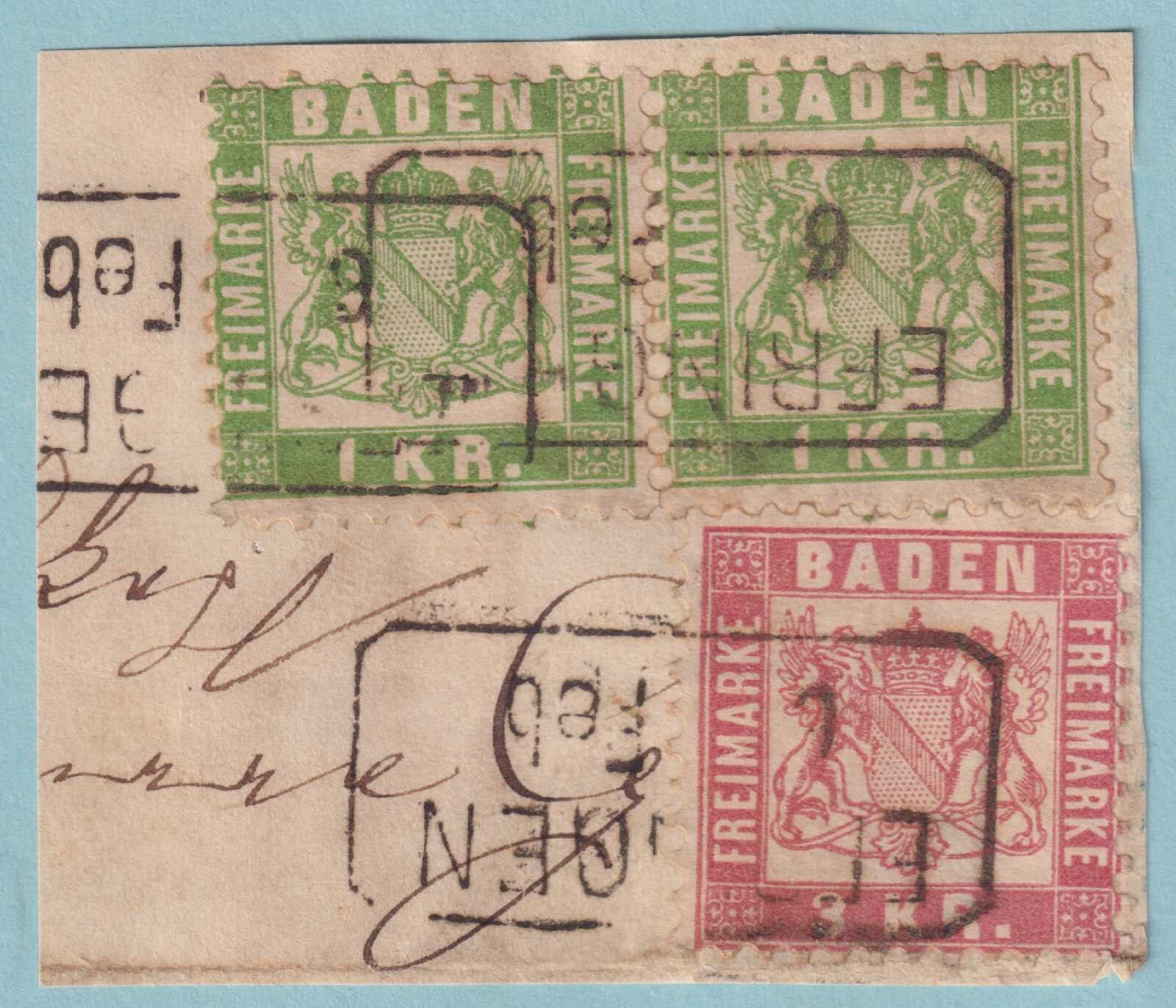 BADEN 25 AND 27  USED ON PIECE - EFRINGEN CANCEL - NO FAULTS VERY FINE! - RGT