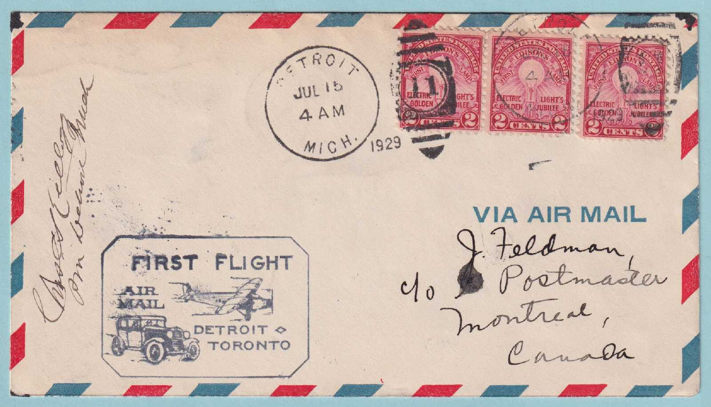 1929 FIRST FLIGHT COVER - DETROIT MICH TO TORONTO CANADA - CV395