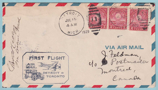 1929 FIRST FLIGHT COVER - DETROIT MICH TO TORONTO CANADA - CV395