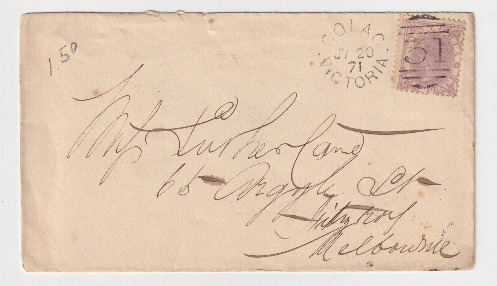 AUSTRALIA VICTORIA COLAC INTERESTING COVER 1871  SCARCE! B52