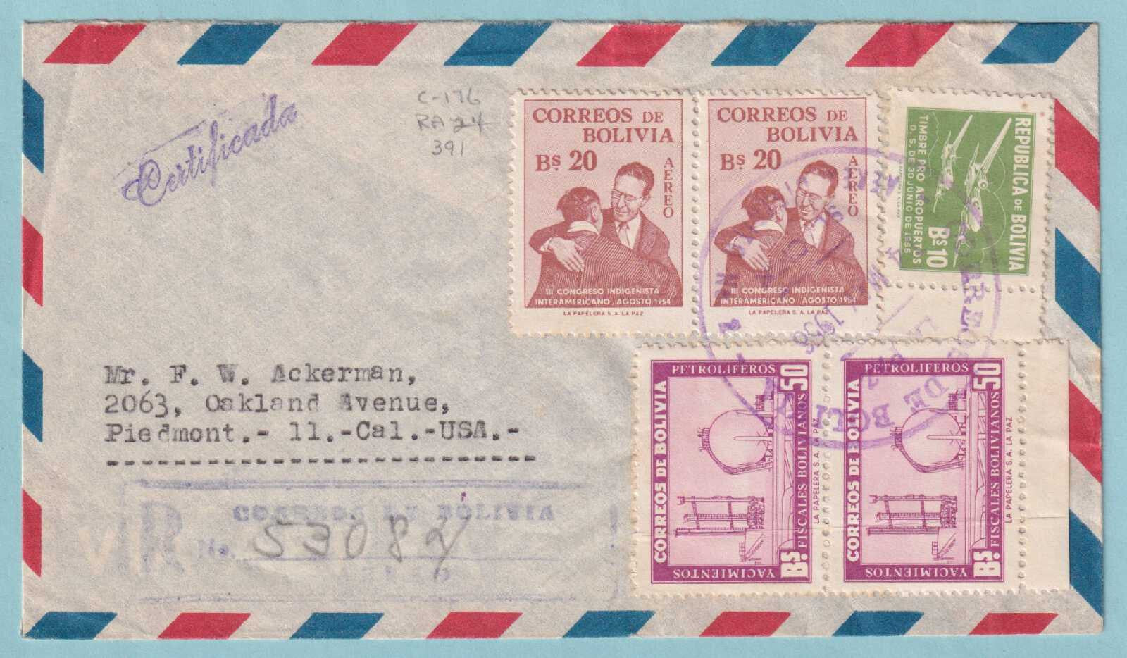 BOLIVIA - 1956 REGISTERED COVER TO PIEDMONT CALIFONIA - CV014