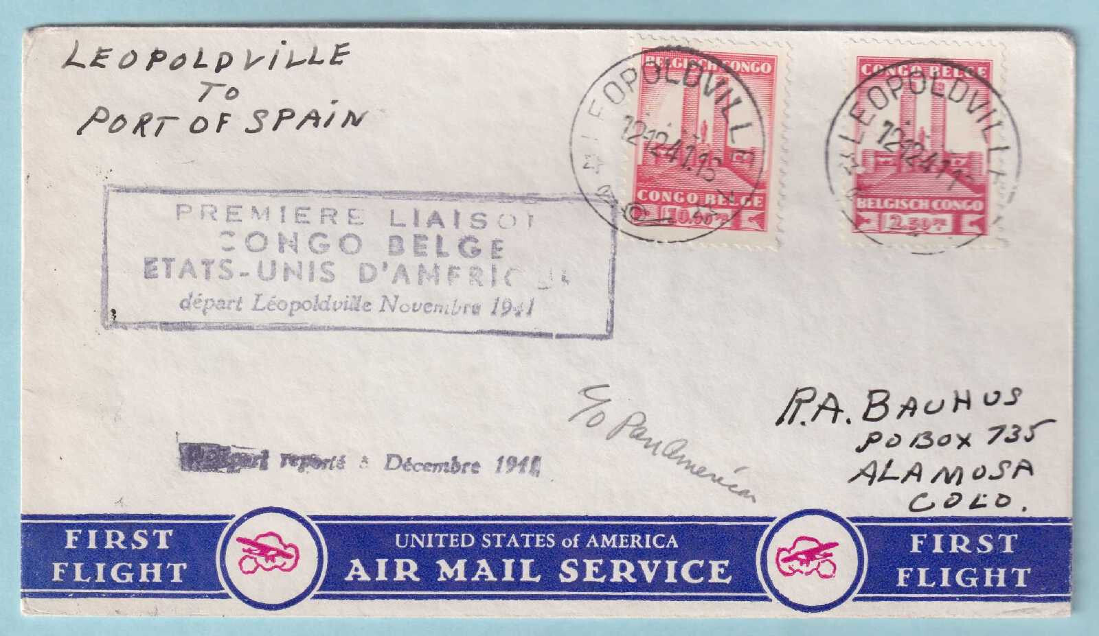 BELGIAN CONGO 1941 FIRST FLIGHT COVER LEOPOLDVILLE TO PORT OF SPAIN TRIN - CV312