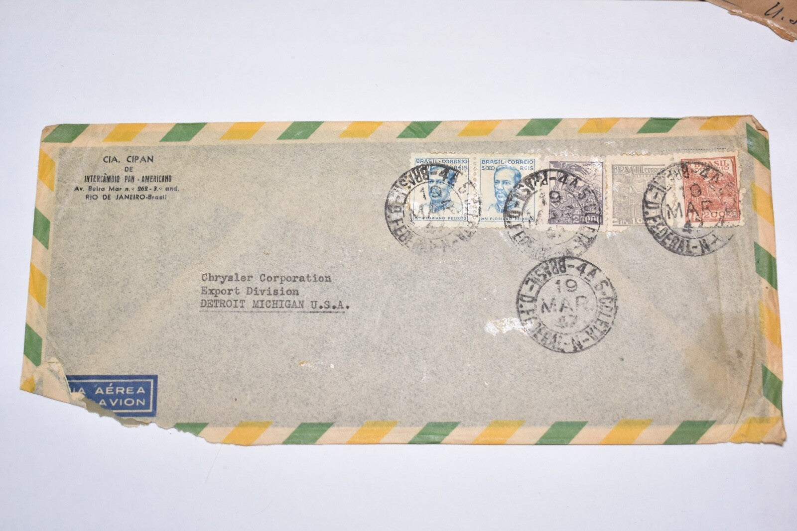 BRAZIL COMMERCIAL COVER 1947 AIRMAIL TO CHRYSLER CORPORATION