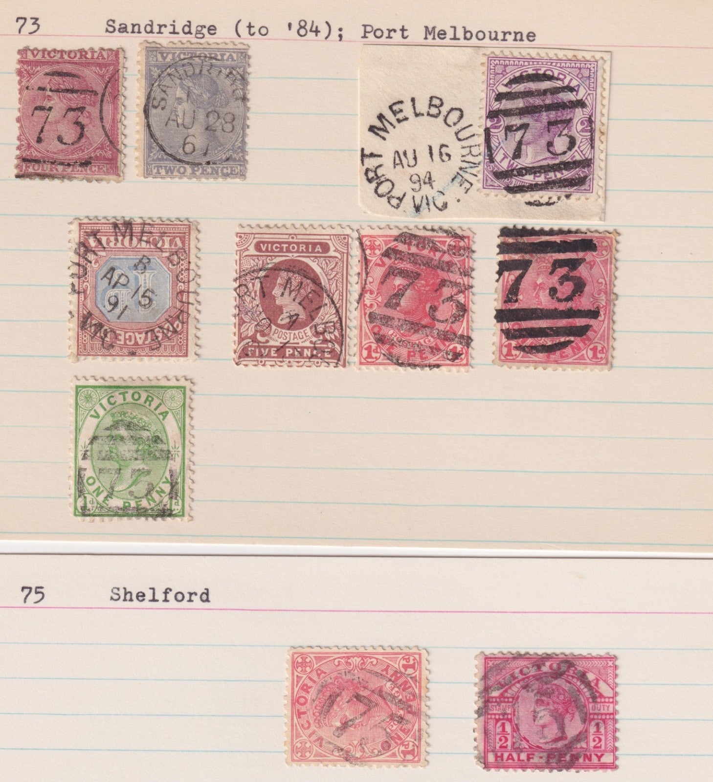 AUSTRALIA VICTORIA SANDRIDGE PORT MELBOURNE SHELFORD CANCELS SON POSTMARKS  MO40