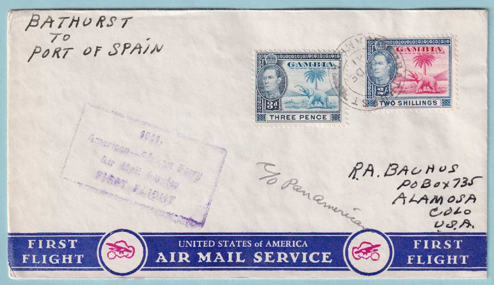 1942 FIRST FLIGHT COVER - BATHURST GAMBIA TO PORT OF SPAIN TRINIDAD- CV391