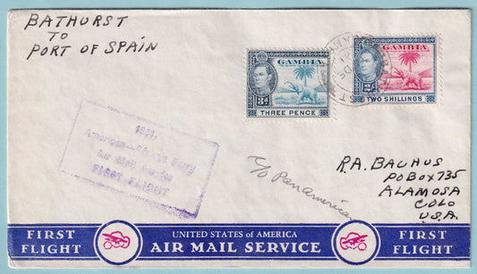 1942 FIRST FLIGHT COVER - BATHURST GAMBIA TO PORT OF SPAIN TRINIDAD- CV391