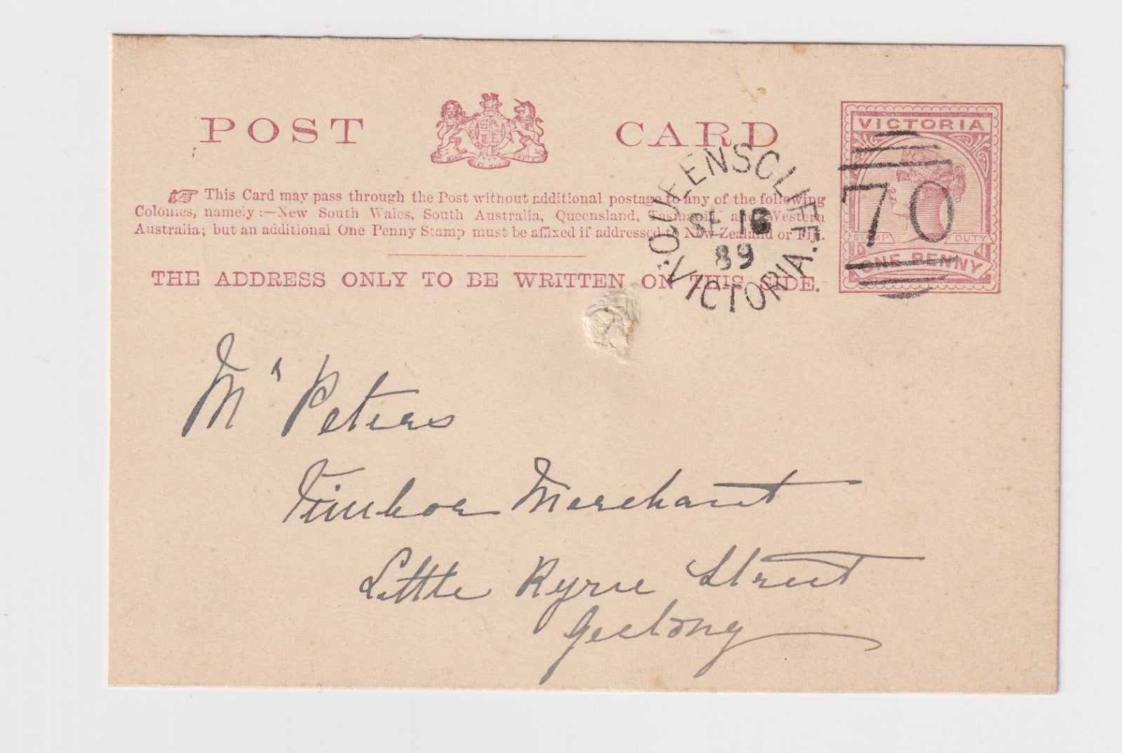 AUSTRALIA VICTORIA QUEENSCLIFF CANCELS SON POSTMARKS 1889 B219