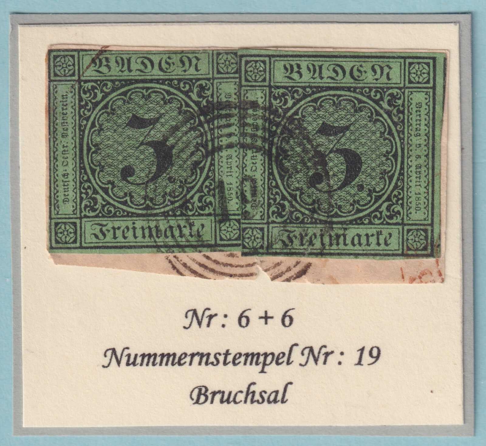 BADEN 7  USED ON PIECE- BRUCHSAL 5-RING #19 CANCEL - NO FAULTS VERY FINE! - TQC