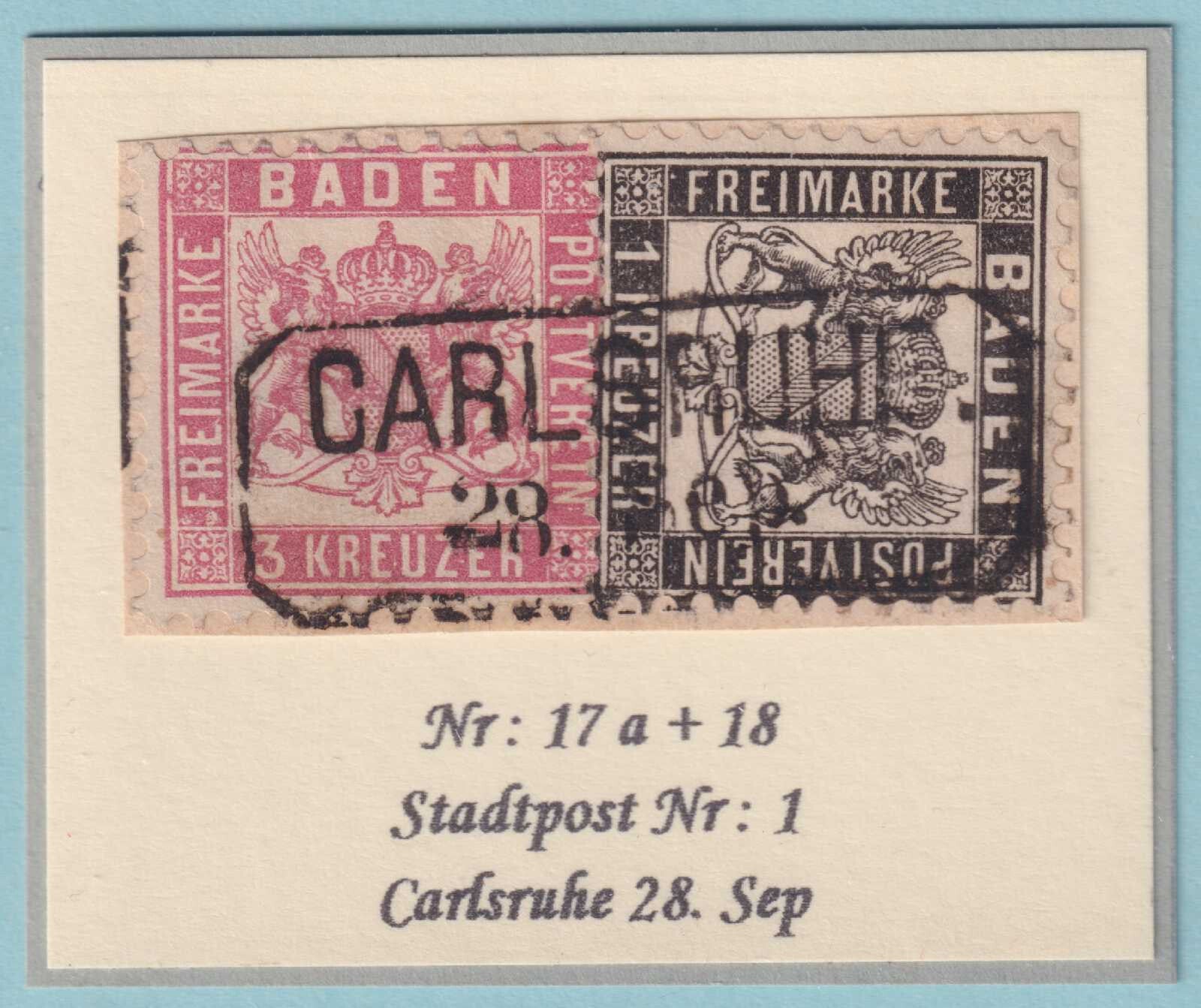 BADEN 19 AND 20 USED ON PIECE - CARLSRUHE CANCEL - NO FAULTS VERY FINE! - RAE