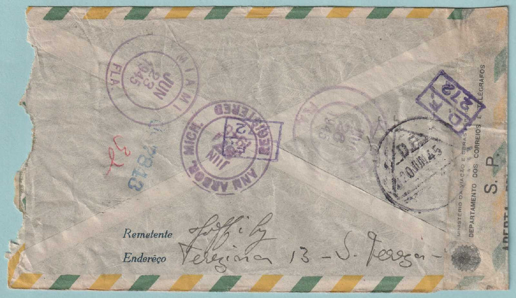 BRAZIL 1945 REGISTERED AND CENSORED COVER MAILED TO ANN ARBOR MICHIGAN - CV713