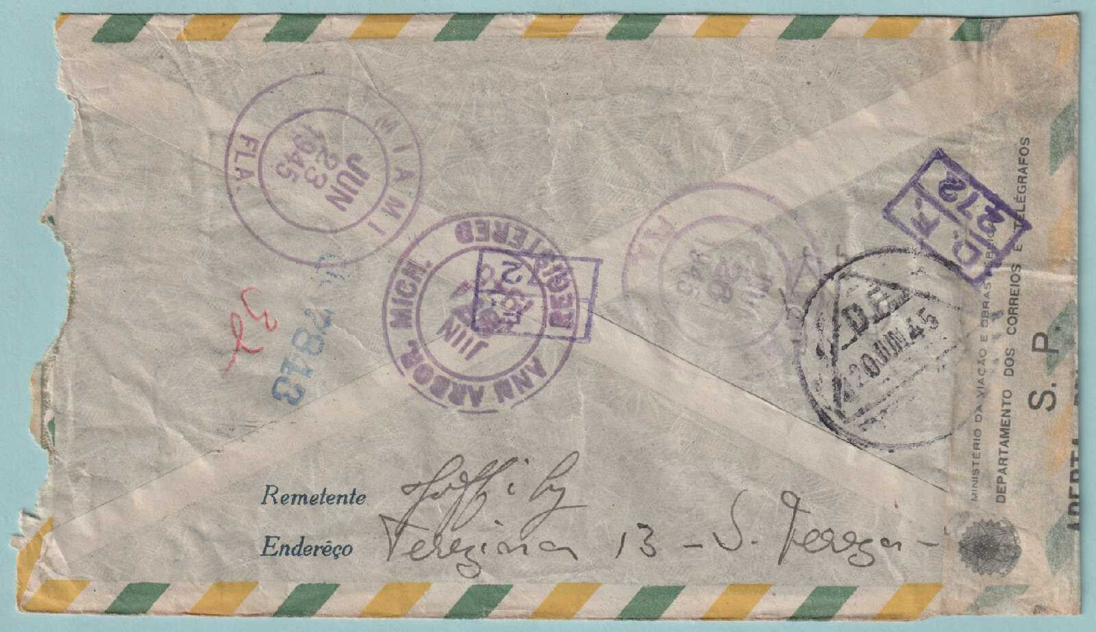 BRAZIL 1945 REGISTERED AND CENSORED COVER MAILED TO ANN ARBOR MICHIGAN - CV713