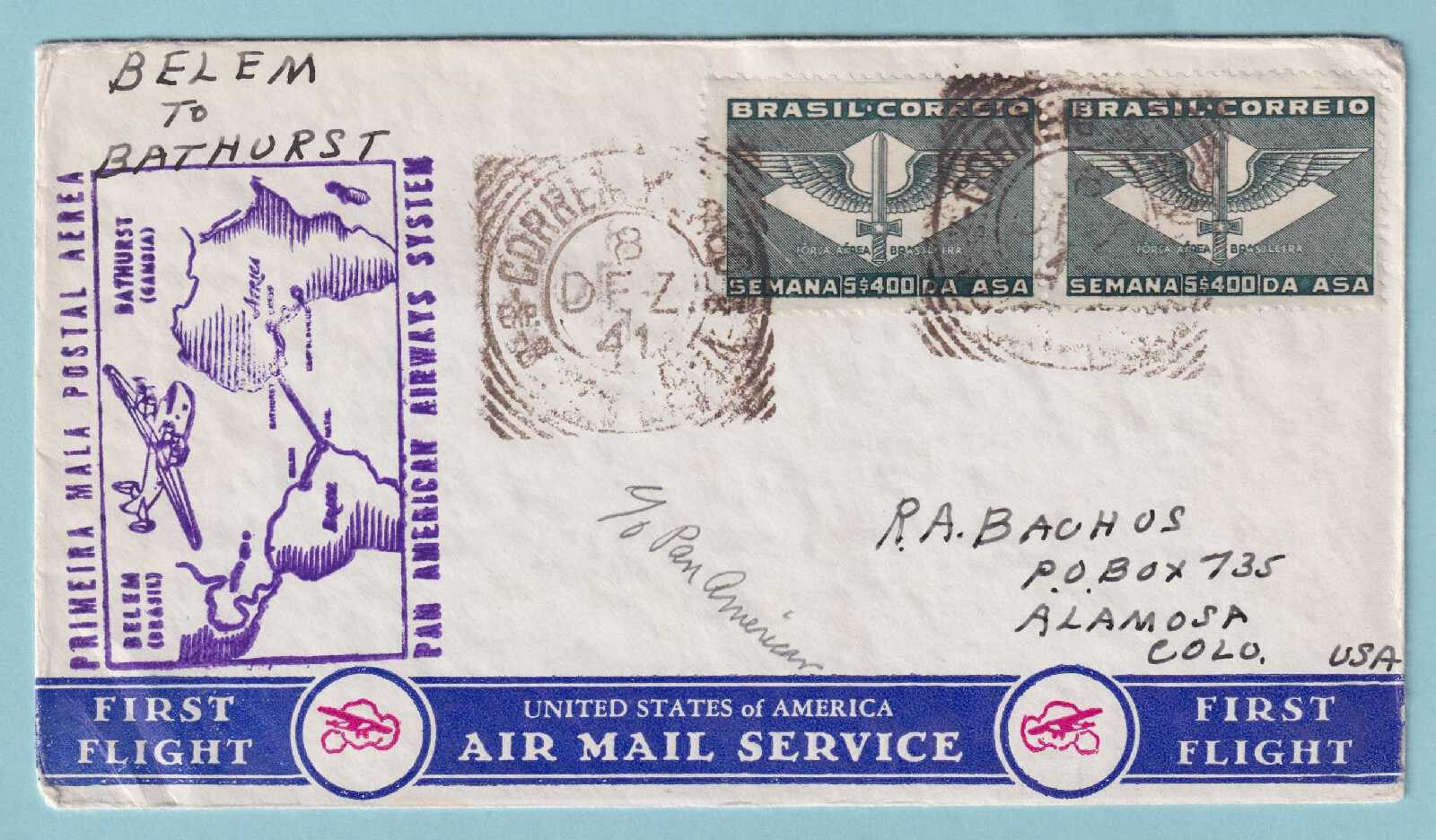 BRAZIL 1941 FIRST FLIGHT COVER FROM BELEM BRAZIL TO BATHUST GAMBIA -CV303