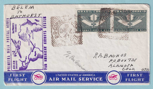 BRAZIL 1941 FIRST FLIGHT COVER FROM BELEM BRAZIL TO BATHUST GAMBIA -CV303