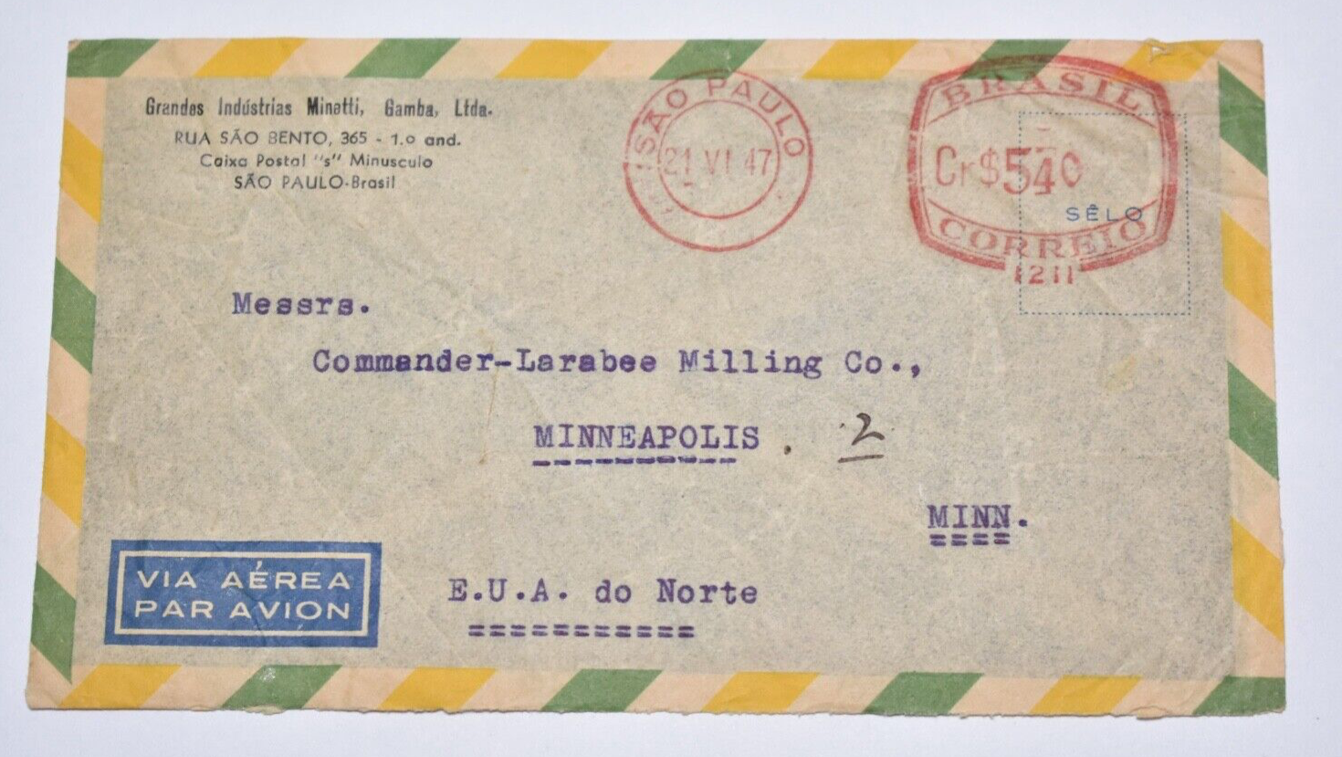 BRAZIL 1947 AIRMAIL COMMERCIAL COVER TO MINNEAPOLIS