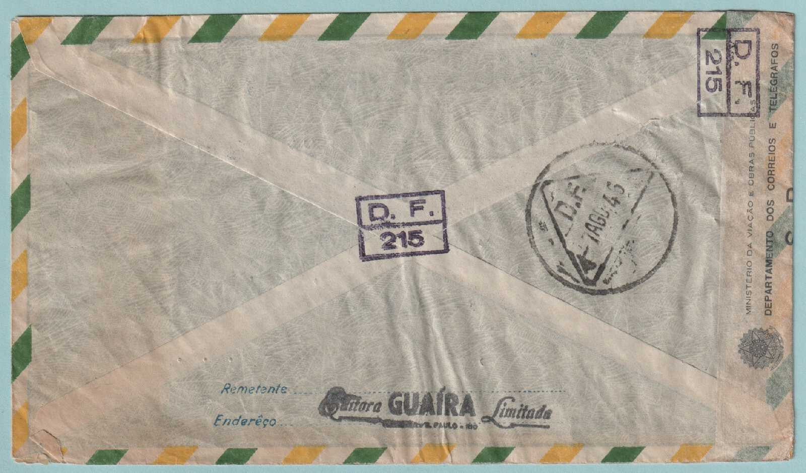 BRAZIL 1945 CENSORED COVER MAILED FROM RIO TO CAMBRIDGE MASS - CV701