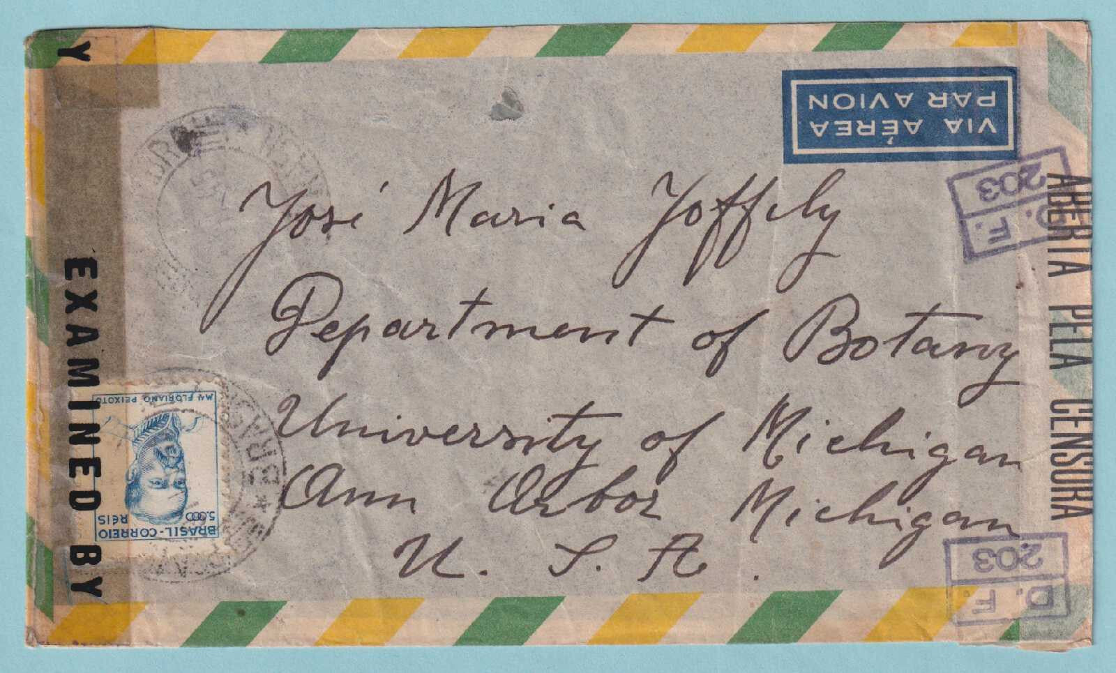 BRAZIL - 1945 SENSORED COVER TO ANN ARBOR MICHIGAN - CV012
